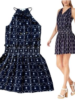 Michael Kors Navy Halter Mini Dress with White Embroidery